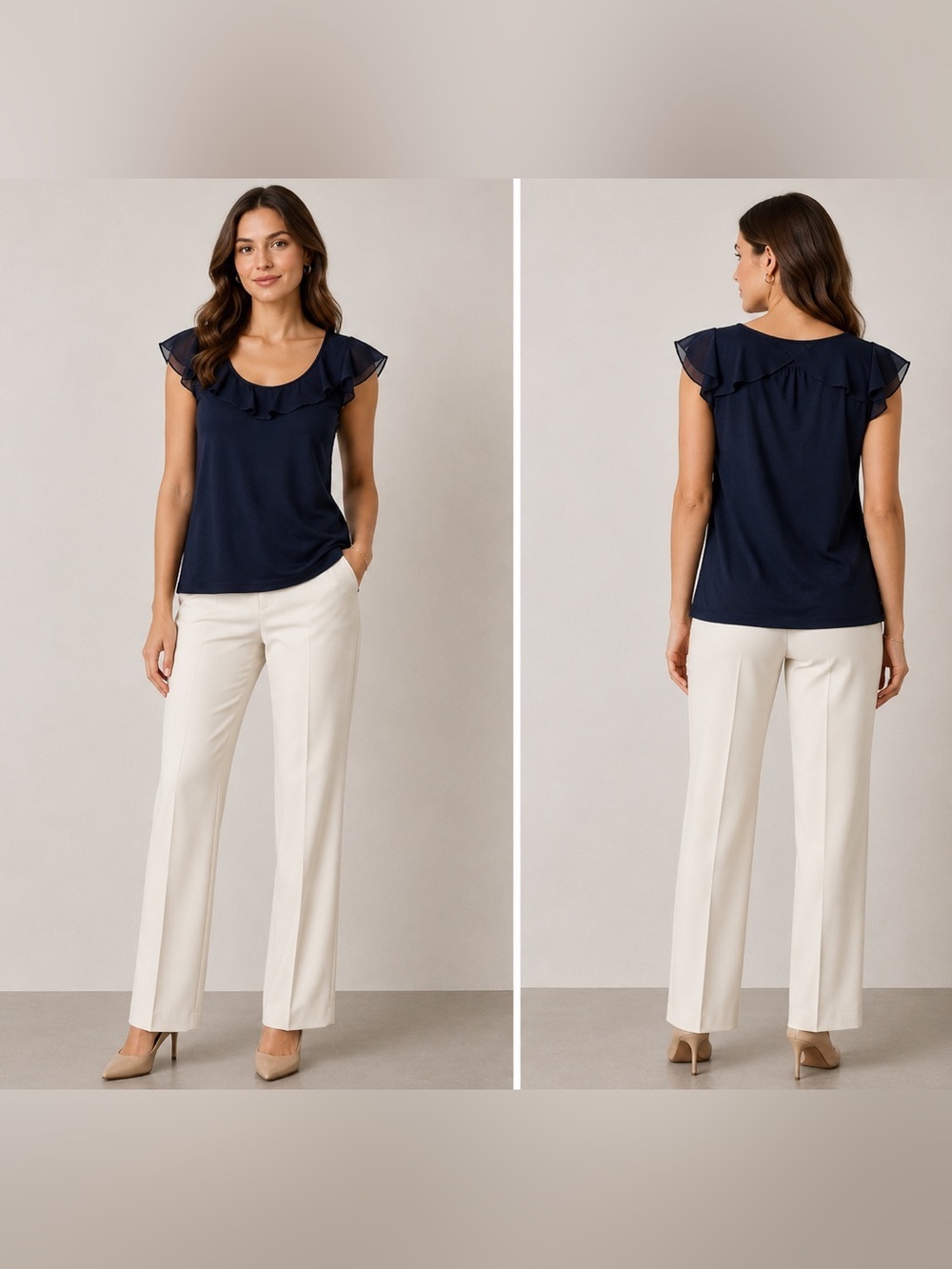 Ann Taylor LOFT Navy Ruffle Short Sleeve Tank Top S Small Petites SP